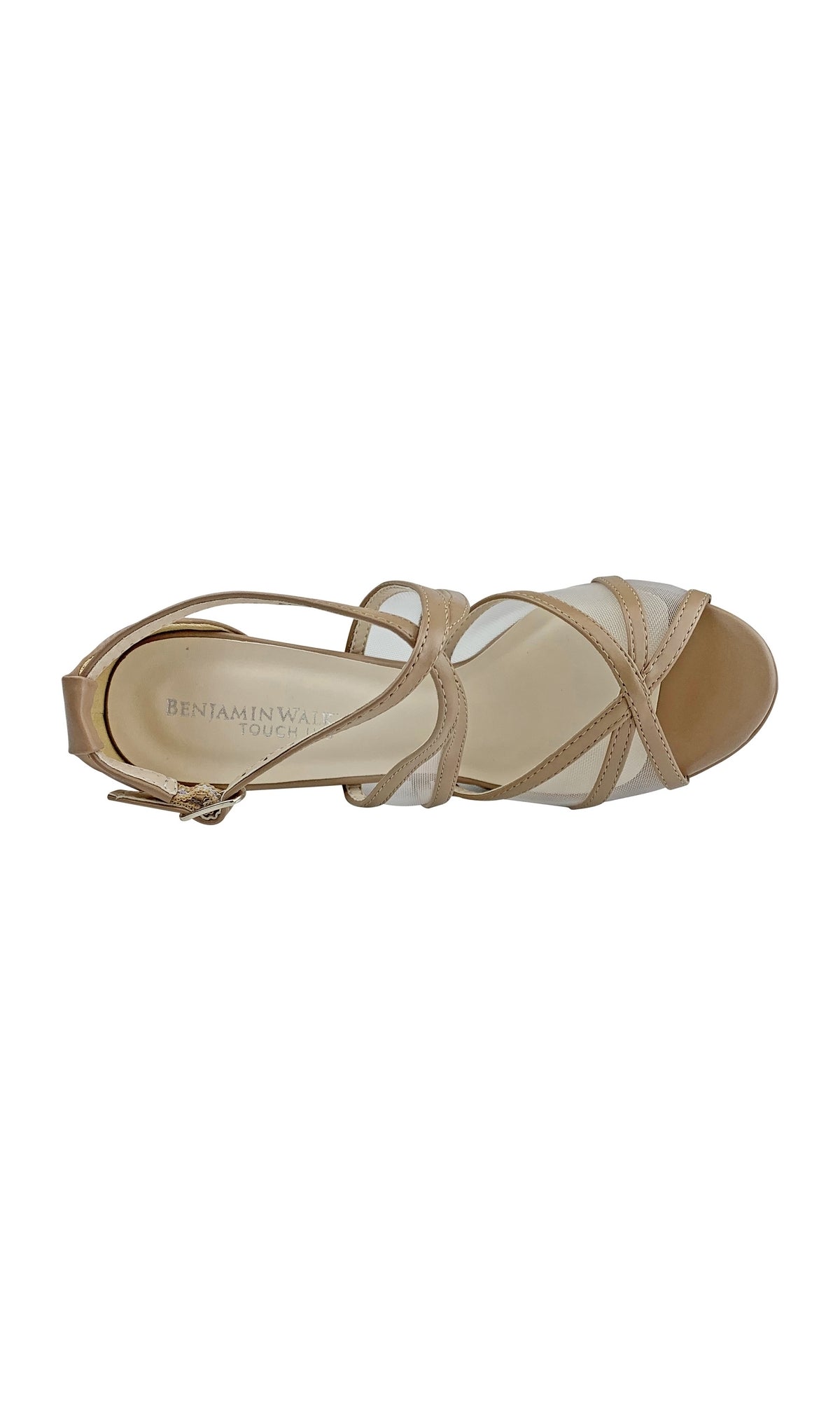 A taupe open-toe sandal with crisscross straps and a buckle closure, seen from above. The Corri Taupe High Heel Strappy Prom Shoes 4471 by Touch Ups feature a